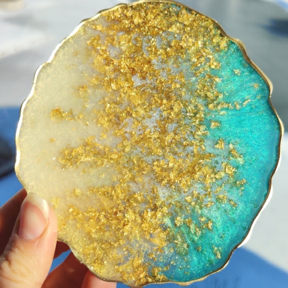 Made to Order Handmade Resin Coasters Blue and Pearl White w/ Gold Leaf Details - Picture 4 of 5